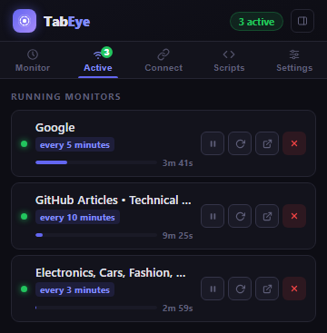 Screenshot: the Active tab with three monitors and their control buttons.