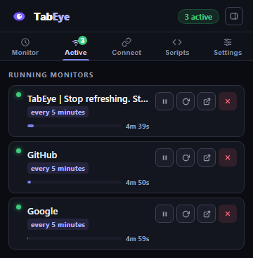Screenshot: the Active tab with three monitors and their control buttons.