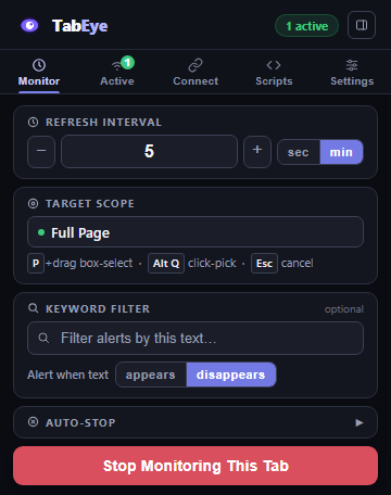Screenshot: TabEye's Monitor tab with the keyword field filled in with 'add to cart' and the appears/disappears toggle set to 'appears'.