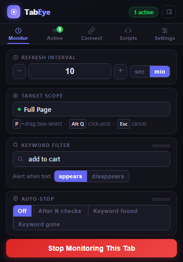 Screenshot: TabEye's Monitor tab with the keyword field filled in with 'add to cart' and the appears/disappears toggle set to 'appears'.
