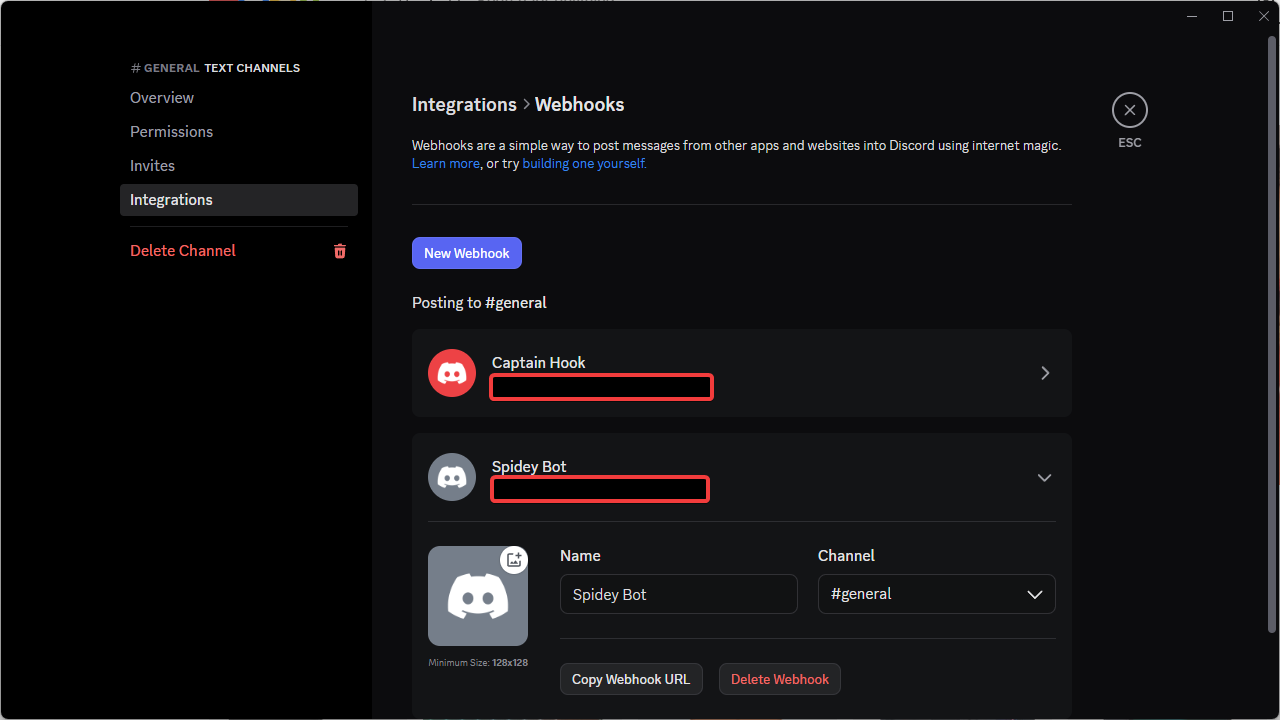 Screenshot: Discord webhook settings page.