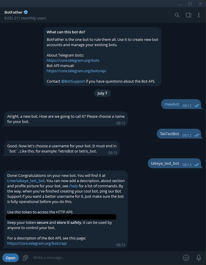 Screenshot: BotFather telegram bot setup process.