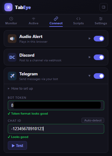 Screenshot: TabEye's Connect tab with Telegram fields filled in.