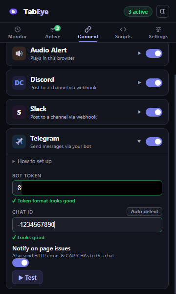 Screenshot: TabEye's Connect tab with Telegram fields filled in.
