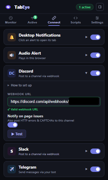 Screenshot: Discord webhook URL copied and pasted into TabEye's Connect tab.