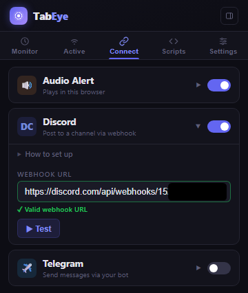 Screenshot: Discord webhook URL copied and pasted into TabEye's Connect tab.
