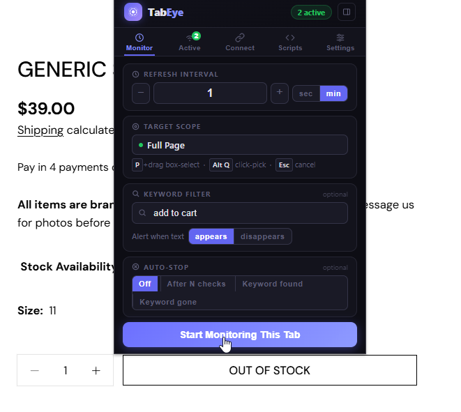 Screenshot: TabEye's Monitor tab with 'add to cart' keyword set to appears on a sold-out sneaker page.