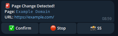 Screenshot: a TabEye page change message arriving through Telegram.